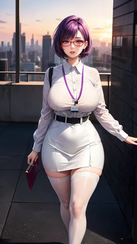 purple hair short hair　Glasses　white blouse　black tight skirt　stockings　(lanyard id card)　50 years old　red rouge plump lips　round face　Plump　Eyes meet　rooftop of a skyscraper　sunset　Female President　A secret secret date with your lover　The wind is blowing