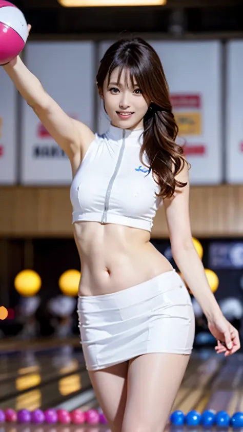 (((perfect anatomy))),(((On a hot summer day, in front of a large gallery in the 50th lane of a large bowling alley with 100 lanes, a beautiful profiler in her 20s relaxes with a white ball in her left hand, enlivens the venue with her best smile, and capt...