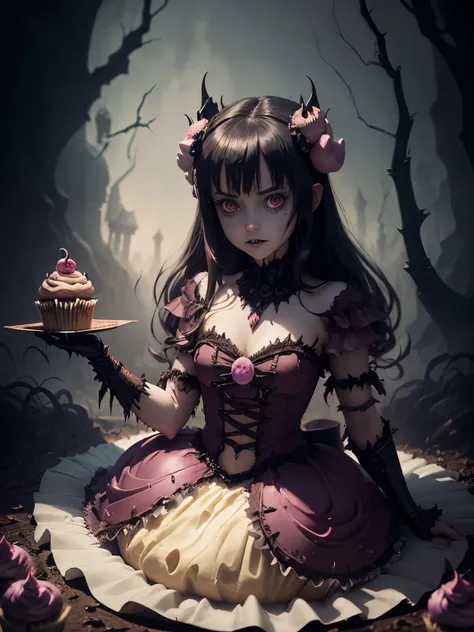 dark fantasy, Epic fantasy, (portrait of scary Cupcake monster tempts young girl:1.5), (anime:1.5), intricate, epic Composition, tim burton