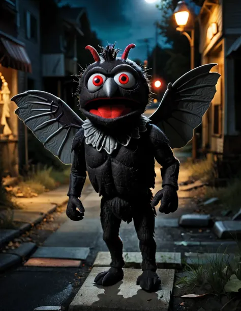 in a felt puppet world style,, A mothman lurking in the depths of a dark suburb at night. white, red-eyes, 2wings, lamppost, creepy, dramatic lighting, detailed, high saturation