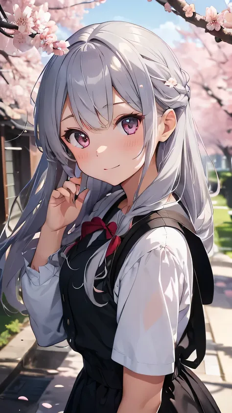 Super high quality images of girls with long silver hair. In the upper left corner is a cluster of cherry blossoms.