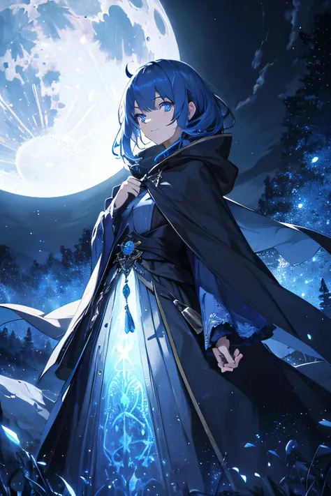 (High resolution, 4K, super detailed, masterpiece:1.2),1 androgynous girl, unisex, shining blue eyes, fine eyes, Blue Medium Hair, Travelers attire, hood up, long cloak, flowing dress, grin and laugh, dynamic pose, break, Moonlight, deep night, At night, S...