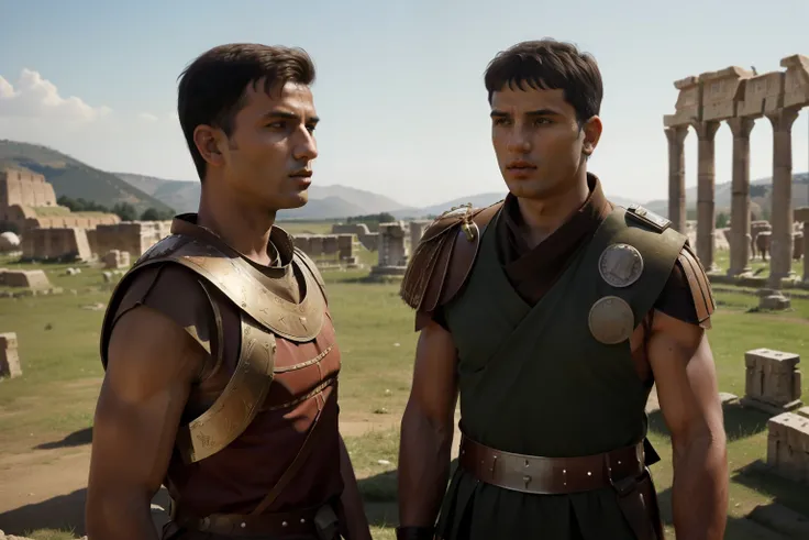 Mitilene, 77 BC. A young ((((21-year-old)) Julius Caesar)), with his friend ((Tito Labieno)), standing inside a militaty tent, arguing. ((((roman legionary clothings from the 1st century BC))))