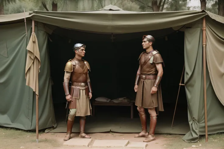 Mitilene, 77 BC. A young ((((21-year-old)) Julius Caesar)), with his friend ((Tito Labieno)), standing inside a militaty tent, arguing. ((((roman legionary clothings from the 1st century BC))))