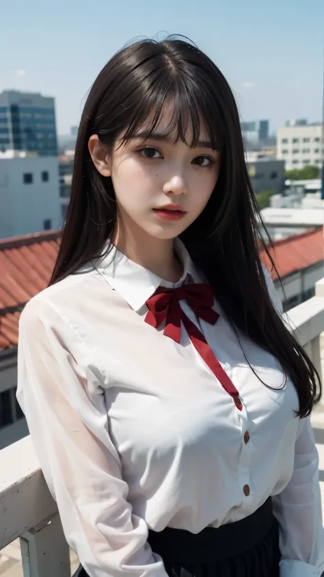 (Raw photo、best quality)、(real、realistic:1.2)、close-up portrait photography、1 girl、Rooftop café in a shopping mall、outdoor、cool face、(high detail skin:1.4)、gorgeous hair、air bangs、brown black hair、White sheer shirt and bow tie、bright red pleated skirt、soft...