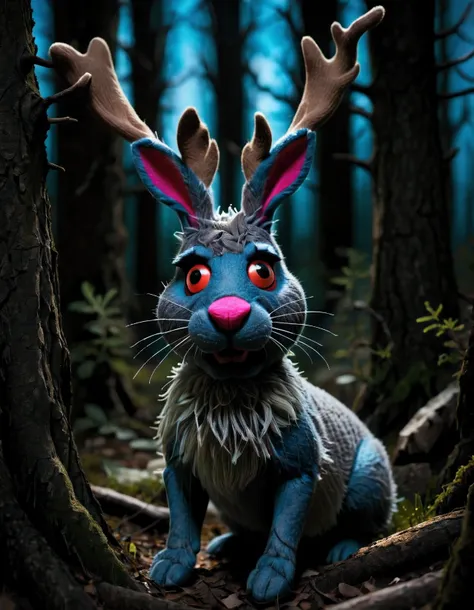 in a felt puppet world style,, a jackalope lurking in the depths of a dark forest at night. blue, red-eyes, antlers, creepy, dra...