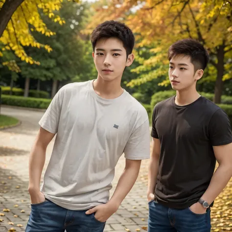 (Best Quality, Masterpiece: 1.2), portrait, 16-year-old Chinese boy, park: 1, crisp autumn leaves falling around, red and orange hues dominating the scene, boy wearing a simple gray t-shirt and jeans, hands in pockets, carefree expression on his face: 1.4,...