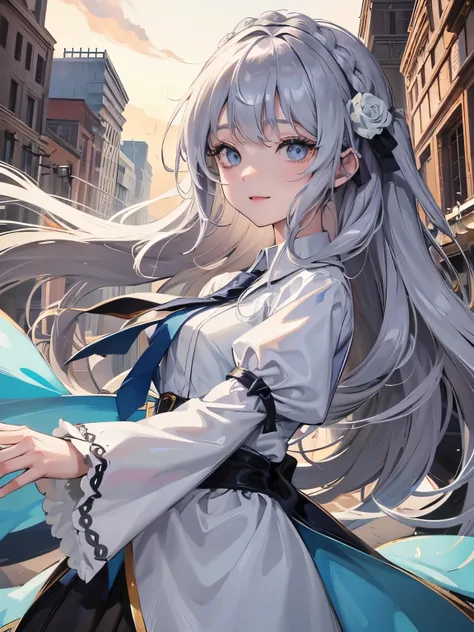 1 girl、blouse、detailed face、long hair with gray hair、light blue eyes、round eyes、hair arrange、tie a ribbon on the chest、Smiling Girl、drooping eyes、droopy eyes、17 years old、church、Patsun bangs、Highest image quality、simple clothes、pray、hug、Angel、Angelの羽、Angel...