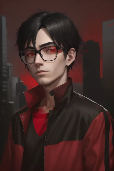 Male person , has black hair  . Wearing a red and black jacket with black tshirt . 