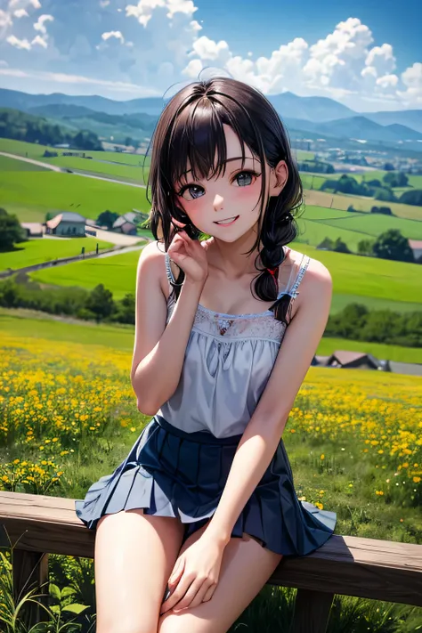 very cute and beautiful girl,(very detailed美しい顔と目:1.2),
white camisole,sitting,(spread your legs,white panties) break
 (smile),Happy,looking at the viewer,(blue pleated mini skirt:1.2),
rural area,grassland,top of the hill,small colorful flowers,wooden fen...