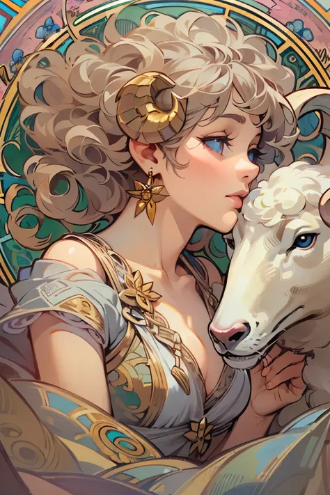 masterpiece, highest quality, ultra high resolution, sharp focus,(Highly detailed CG Unity 8K wallpaper), (highest quality), (best illustrations), Beautiful woman,  Aries,A woman with sheep&#39;s horns growing out of her head、strong silver curly hair、baloo...