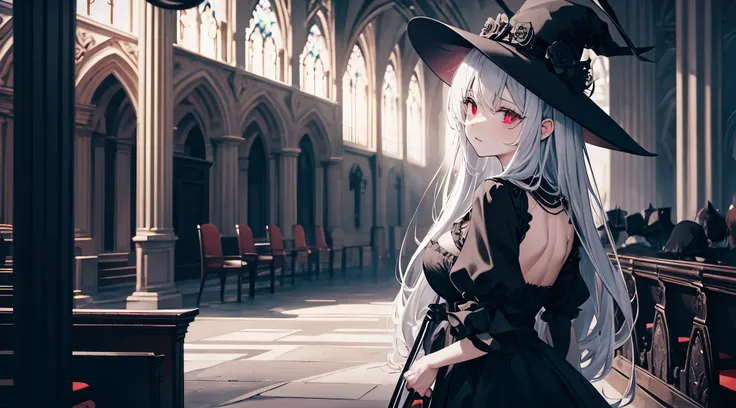 gothic、total darkness、black dress、dark、inside a church、wear a big black hat、Fluffy expression、Cheek cane、Luxurious chairs、hatred、grudge、red eyes