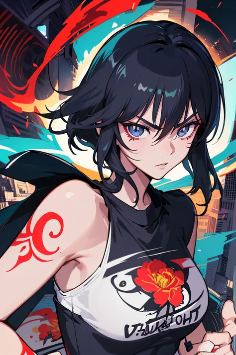 ::  comix style ryuko hikari ::2.9   style ::2.0 comix illustration style ,digital illustration of beautiful male character in toh-yasu drawing style illustrator, anime style, body with futuristic tribal tattoo style designs in dragon shape, serious face a...