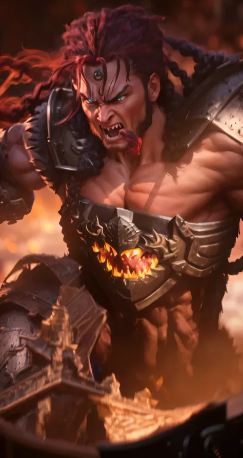 Real life adaption of this character, monster face with fangs,angry, realistic same braid hair, realistic same armor, muscular body,realistic light, realistic shadow, realism, hyper realistic, (photorealistic 1:2)