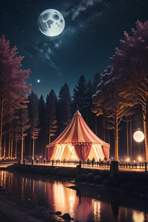 scene with a huge circus with LED lights, trees in the background starry sky and moon