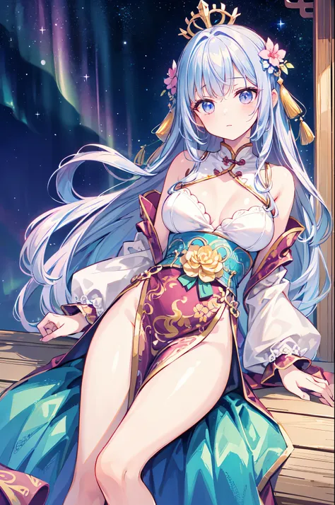 （masterpiece）、(highest quality)、((Super detailed))、(super delicate)、naughty chinese princess、Pastel colors hair、beautiful breasts、gorgeous castle、Fantastic starry sky、aurora