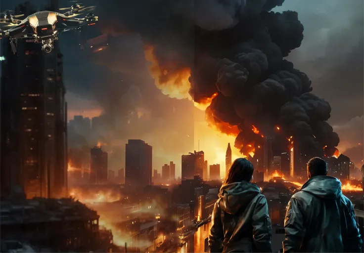 there are two people standing on a roof looking at a fire, dystopian scifi apocalypse, digital concept art of dystopian, burning city in background, destroyed city on fire, apocalyptic city backround, destroyed city in the background, apocalyptic city, dys...