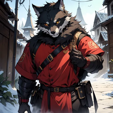 Protection Best Quality, tmasterpiece, extra high resolution, Detailed background, realisti, 独奏, ember, anthro, wolf, heavy armor, The Face of the Beast, Furry, Security Guard Outfit, Guardians Attire, Guard, Medieval Guard, Medieval Guard Clothing , spear...