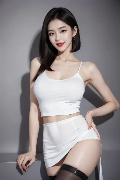 Best quality, 4k, 8k, detailed face, clear face, pretty girl, Korean makeup, red lips, smile, perfect body, shoulder length straight short hair, extremely huge breasts, thighs, slim, skinny, wearing White miniskirt, black spaghetti strap vest, black stocki...