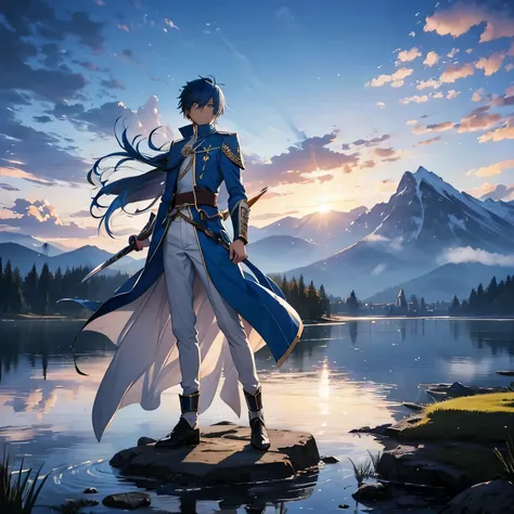 Kaito Tsukiya inmitten eines verzauberten Waldes: Zeige Kaito, wie er von der Natur umgeben ist, while swinging his sword, um magische Kreaturen zu vertreiben. Kaito beim Sonnenuntergang auf einem Berggipfel: Gestalte eine Szene, in which Kaito stands on a...