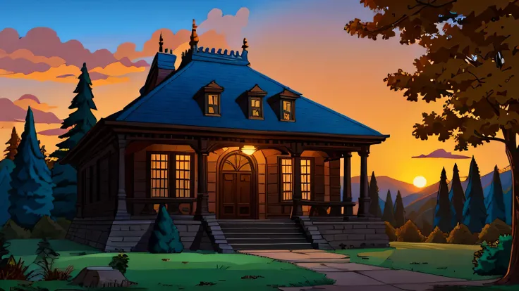 A a small museum building, golden sunrise, worn out, statue in the front, in the woods, 4k, masterpiece