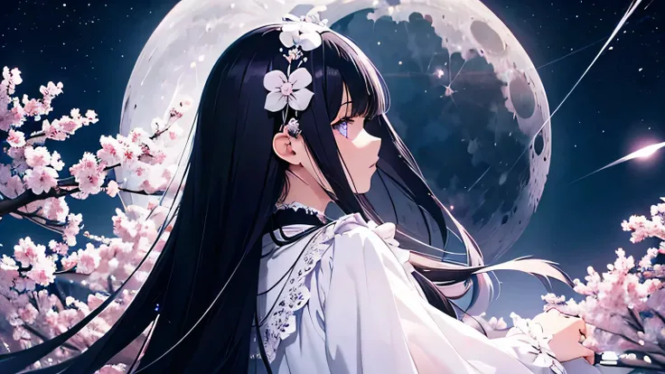 moon in sky，The back view of the girl with long black hair in the center of the picture，purple eyes，Full body portrait of a girl，imagine，Pay attention to the atmosphere，Pay attention to the whole，Centered on the Moon，Exquisite details，white dress，dreamy at...