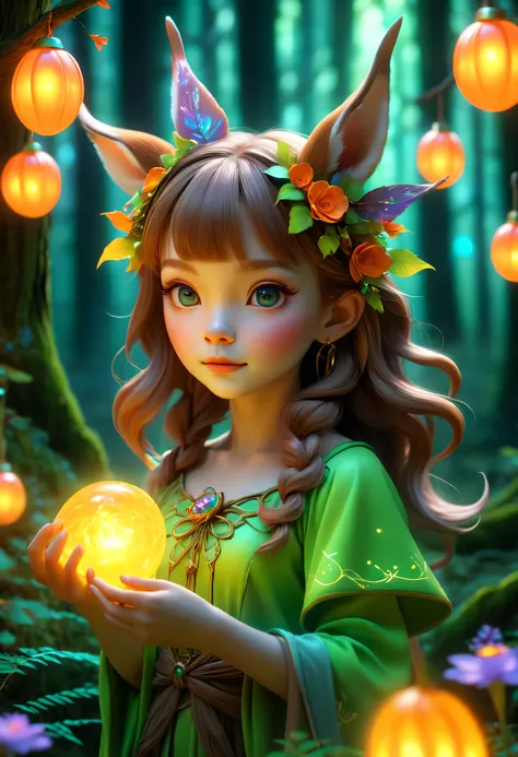 best quality，4K，8k，HD，masterpiece：1.2，super detailed，lifelike：1.37，flash，enchanted forest，magical atmosphere，charming scenery，rich and colorful，（闪闪glow的仙女，Charming witches，Carefully cast），Cute fawn，glow，fluorescence，wand casting，装满glow液体的瓶子，ethereal atmosp...