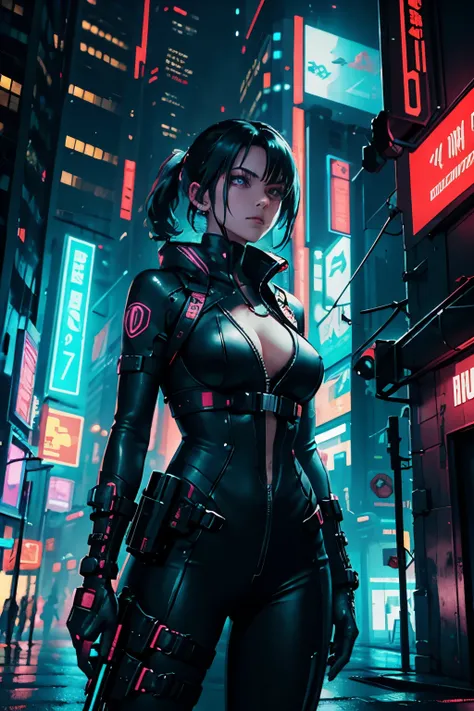 A cyberpunk woman, armed with cutting-edge technology, navigates the neon-filled streets of the city in pursuit of a notorious high-profile criminal. Describe how she utilizes body augmentations, hacking devices, and futuristic weaponry to apprehend the cr...