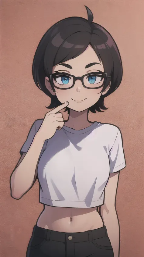 1 garota, Rounded glasses, copos grandes, sorridente, Looking at the camera, short messy hair, pele escura, olhos arredondados, camisa azul ciano, shorts pretos, fechar-se, tiro de revista, Dynamic Posture