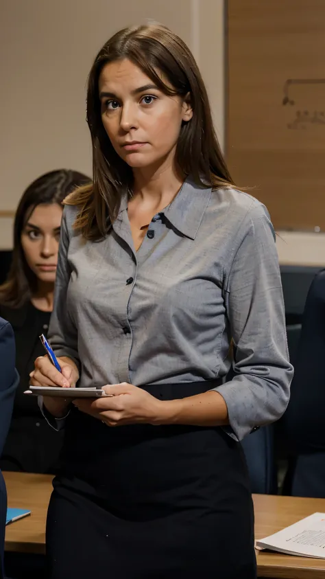 Teacher watching the debate with a thoughtful expression, perhaps making notes on a clipboard.