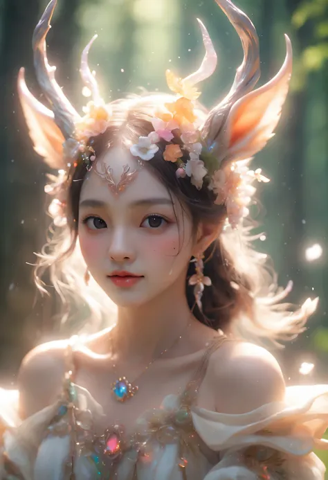 best quality，4K，8k，HD，masterpiece：1.2，super detailed，lifelike：1.37，flash，enchanted forest，magical atmosphere，charming scenery，rich and colorful，（闪闪glow的仙女，Charming witches，Carefully cast），Cute fawn，glow，fluorescence，wand casting，装满glow液体的瓶子，ethereal atmosp...