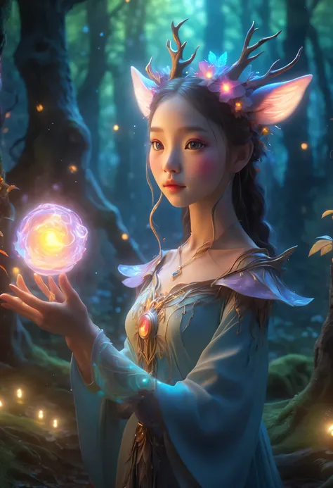 best quality，4K，8k，HD，masterpiece：1.2，super detailed，lifelike：1.37，flash，enchanted forest，magical atmosphere，charming scenery，rich and colorful，（闪闪glow的仙女，Charming witches，Carefully cast），Cute fawn，glow，fluorescence，（wand casting），装满glow液体的瓶子，ethereal atmo...