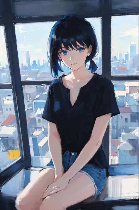 a girl, alone, sit close of window in floor, no furniture, on city but no buildings appear, looking to starts in sky, drinking c...