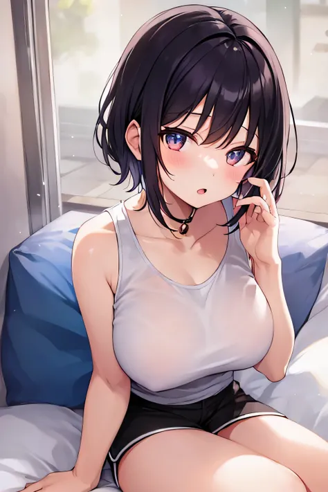 masterpiece、Highest image quality、ultra high resolution、NSFW、big breasted elementary school girl、short hair、red face、shyly、mock、Please open your mouth just a little、White tank top that shows the chest for elementary school girls、Lounge shorts for elementar...