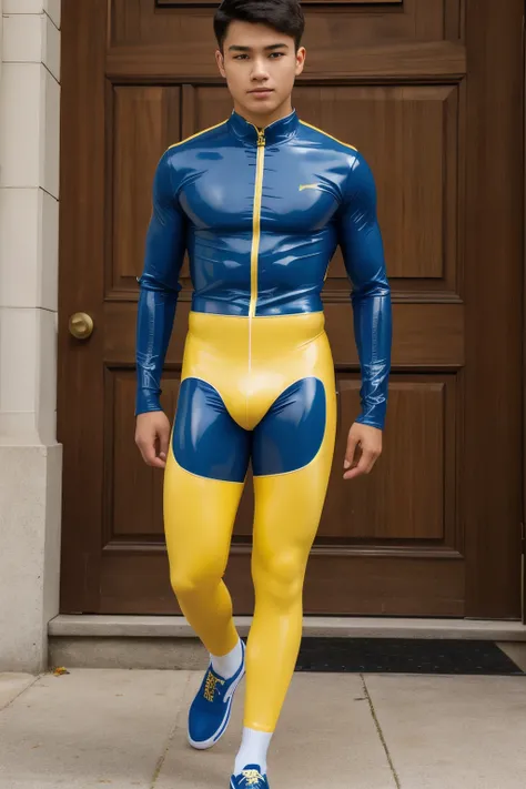 A high school Boy wears a tight yellow latex catsuit and socks and The crotch is raised