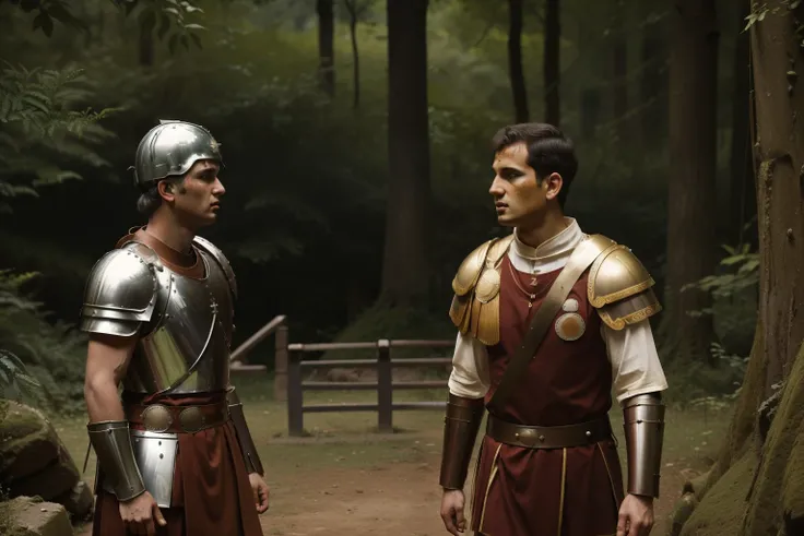 Mitilene, 77 BC. A young ((((21-year-old)) Julius Caesar)), with his friend ((Tito Labieno)), hidden in the forest, secret mission, ((arguing)). ((((roman legionary clothings and armor from the 1st century BC))))