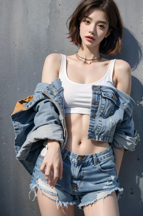 ((medium breast, tomboy girl,)), (chiseled abs : 1.1), (perfect body : 1.1), (short wavy hair : 1.2) , auburn hair, collar, chain, full body shot, crowded street, wearing tanktop, jeans jacket, (torn clothes:1.3)((shorts)), (extremely detailed CG 8k wallpa...