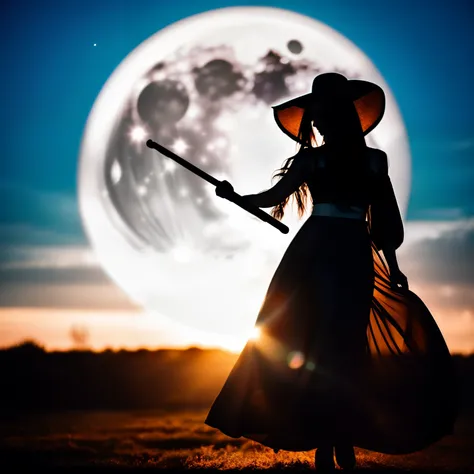 photo of Silhouette of a young witch flying in the sky on a magic broom with the moon in the background, wearing long dress, huge breasts, huge hip, small waist, in dark night, moon lighting, Cinematic shadows and detail brilliance, (smooth hair, detailed ...