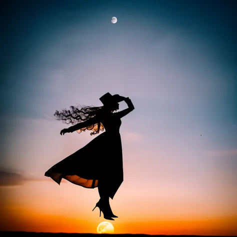 photo of Silhouette of a young witch flying in the sky on a magic broom with the moon in the background, wearing long dress, huge breasts, huge hip, small waist, in dark night, moon lighting, Cinematic shadows and detail brilliance, (smooth hair, detailed ...