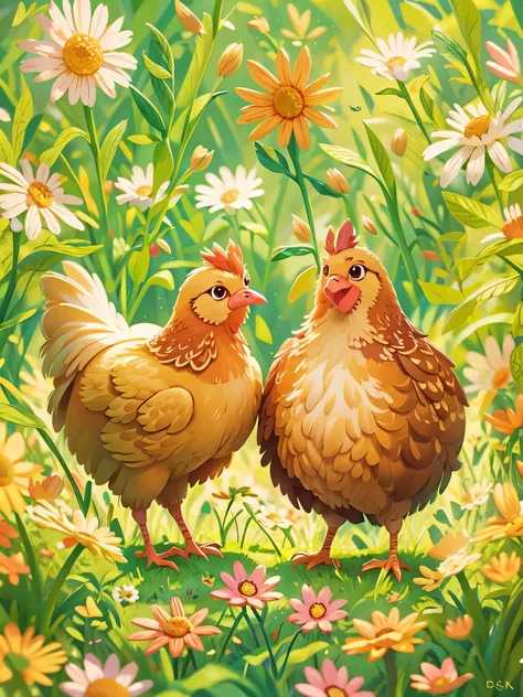 hen，chick，Lovely，Meadow walks，sunny，happy，Happy, digital illustration, Illustration poster, Very happy， (masterpiece: 1.2) (actual: 1.2) (Bokeh) (best quality) (intricate details) (8k) (exquisite eyes) (sharp focus), (happy)