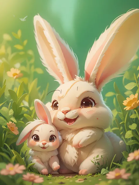 Cute mother bunny and baby bunny，sunny，happy，Happy, digital illustration, Illustration poster, Very happy， (masterpiece: 1.2) (actual: 1.2) (Bokeh) (best quality) (intricate details) (8k) (exquisite eyes) (sharp focus), (happy)