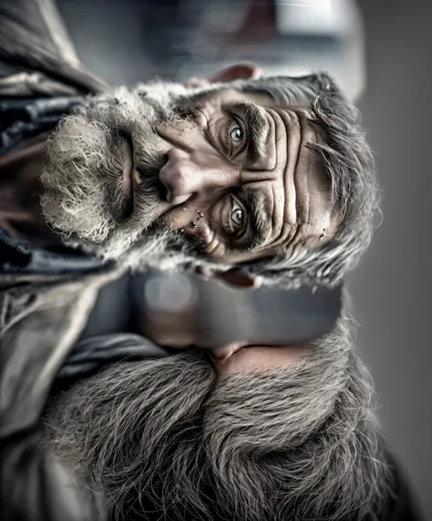 there is a man with a beard and a scarf on, ultra detailed portrait, inspired by Lee Jeffries, highly realistic digital art, gritty portrait, old man portrait, realistic portrait photography, hyper realistic digital art, hyperrealistic digital art, ultra r...