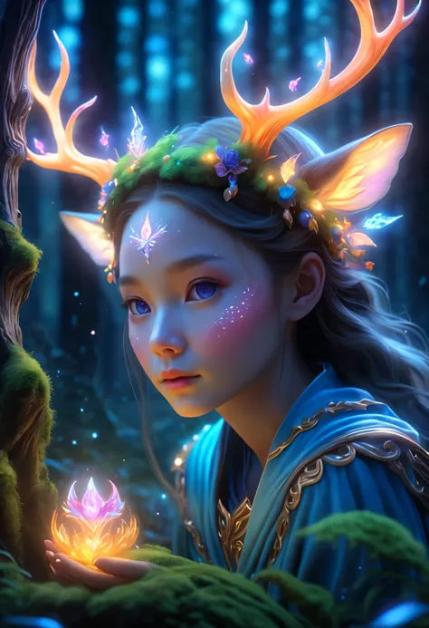 best quality，4K，8k，HD，masterpiece：1.2，super detailed，lifelike：1.37，flash，enchanted forest，magical atmosphere，charming scenery，rich and colorful，（闪闪glow的仙女，Charming witches，Carefully cast），Cute fawn，glow，fluorescence，wand casting，装满glow液体的瓶子，ethereal atmosp...