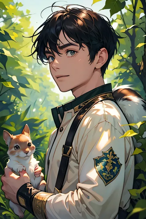 a 14-year-old boy dressed in casual clothes is captured making friendly gestures towards an adorable squirrel  The surrounding trees and bushes are a vibrant tapestry of life, their branches adorned with rich textures of natural fibers and leaves in shades...