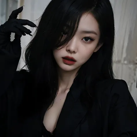 mulher arafed com cabelo preto longo e uma jaqueta preta, cruel korean goth girl, goth girl aesthetic, pale gothic beauty, 1 7 -...