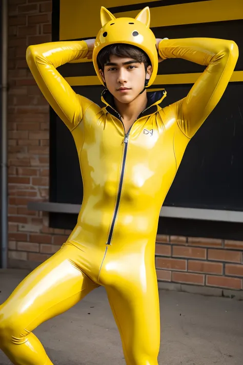 A high school Boy wears a tight yellow latex catsuit 