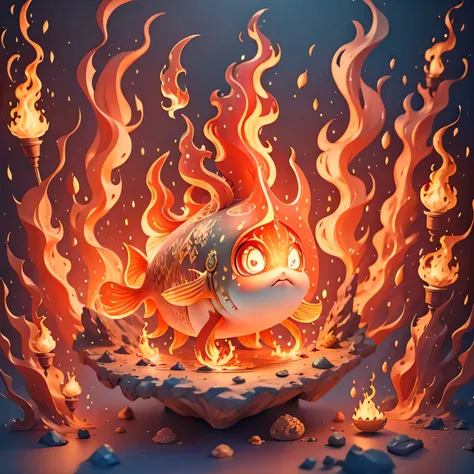 a cute fish covered in flames，there is a flame on the head，（（（flame pattern）））in the volcano，（（（masterpiece）））， （（best quality））...