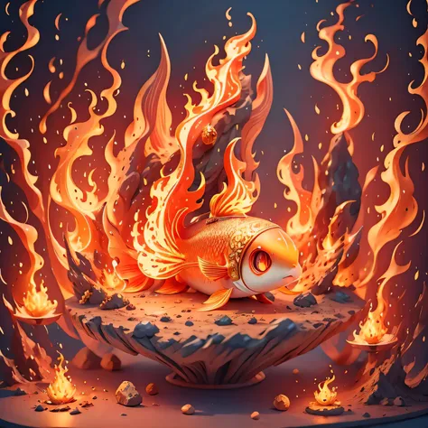 a cute fish covered in flames，there is a flame on the head，（（（flame pattern）））in the volcano，（（（masterpiece）））， （（best quality））...