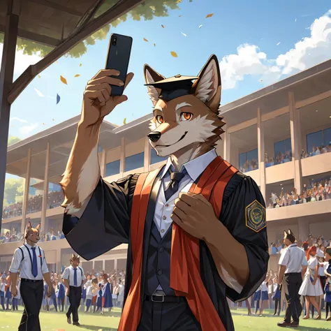 furry,alone,African wolf,man,Dark orange eyes(Realistic eye details 1.2),correct anatomy,Wear a graduation gown..,black pants,In the mobile phone field.1.2,(Realistic hand detail),Look at the audience..,Behind is a lawn and a school building..,Happy smilin...