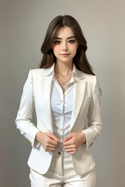 25years old beautiful-looking girl little smile, wearing beautiful stylish suit, and white shirt. ((one standing Celeste Verona looking at camera)), simple one colour background